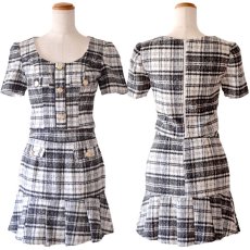 画像14: 【SALE30％OFF】【SMLサイズ/2カラー】チェック柄 セットアップ 袖付き ボタン 背中隠し フリル フレア ミニドレス キャバドレス  (14)