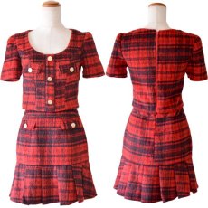 画像15: 【SALE30％OFF】【SMLサイズ/2カラー】チェック柄 セットアップ 袖付き ボタン 背中隠し フリル フレア ミニドレス キャバドレス  (15)