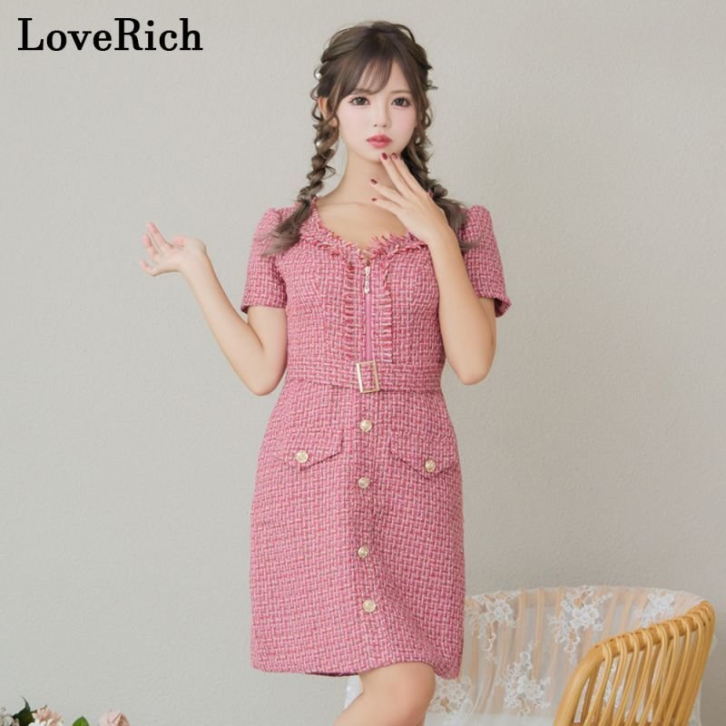 完売品 キャバツイードドレス SMLサイズ/3カラー】ツイード ジップ 袖付き 背中隠し ベルト風 ボタン