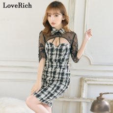 画像2: 【SALE50％OFF】【SMLサイズ】ツイード チェーン 襟 レース チェック柄 袖あり 谷間魅せ タイト ミニドレス キャバドレス  (2)