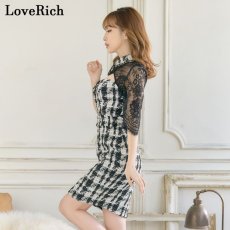 画像4: 【SALE50％OFF】【SMLサイズ】ツイード チェーン 襟 レース チェック柄 袖あり 谷間魅せ タイト ミニドレス キャバドレス  (4)