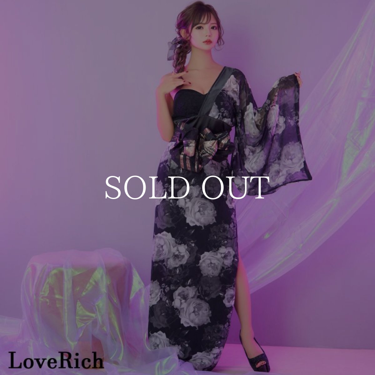 画像4: 【高級ライン】【2点セット】ワンショル アシンメトリー スリット 花柄 シフォン レース ロング 豪華 帯 花魁 着物 ドレス コスプレ ハロウィン キャバドレス (4)