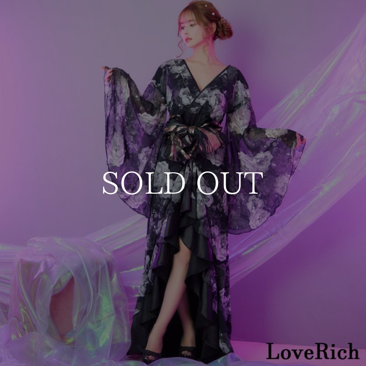 画像1: 【高級ライン】【2点セット】フリル 花柄 シフォン ロング 豪華 帯 花魁 着物 ドレス コスプレ ハロウィン キャバドレス (1)