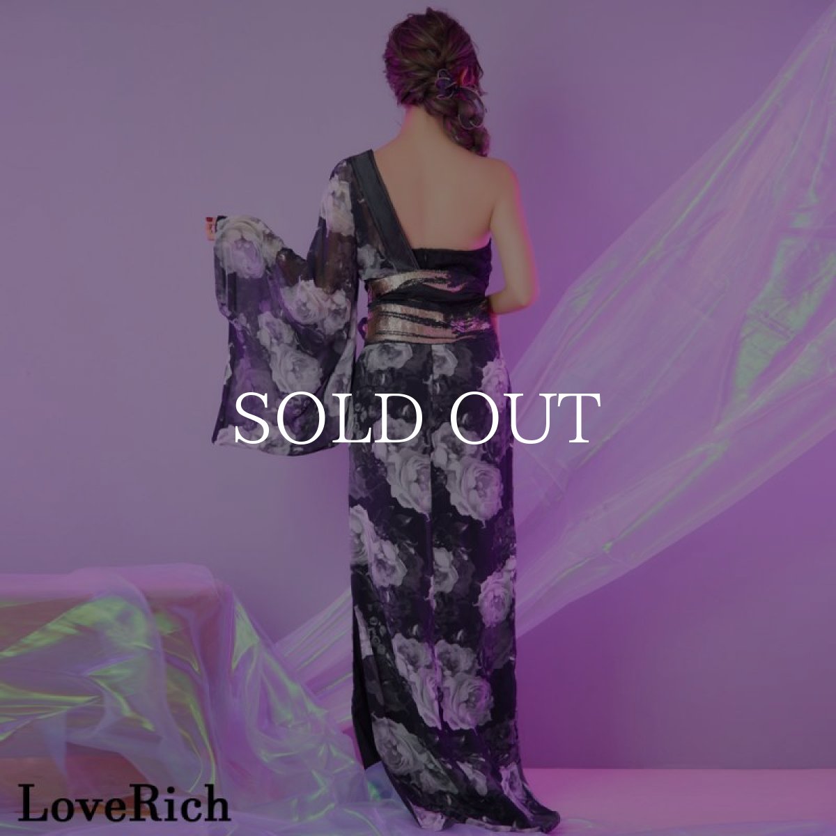 画像9: 【高級ライン】【2点セット】ワンショル アシンメトリー スリット 花柄 シフォン レース ロング 豪華 帯 花魁 着物 ドレス コスプレ ハロウィン キャバドレス (9)