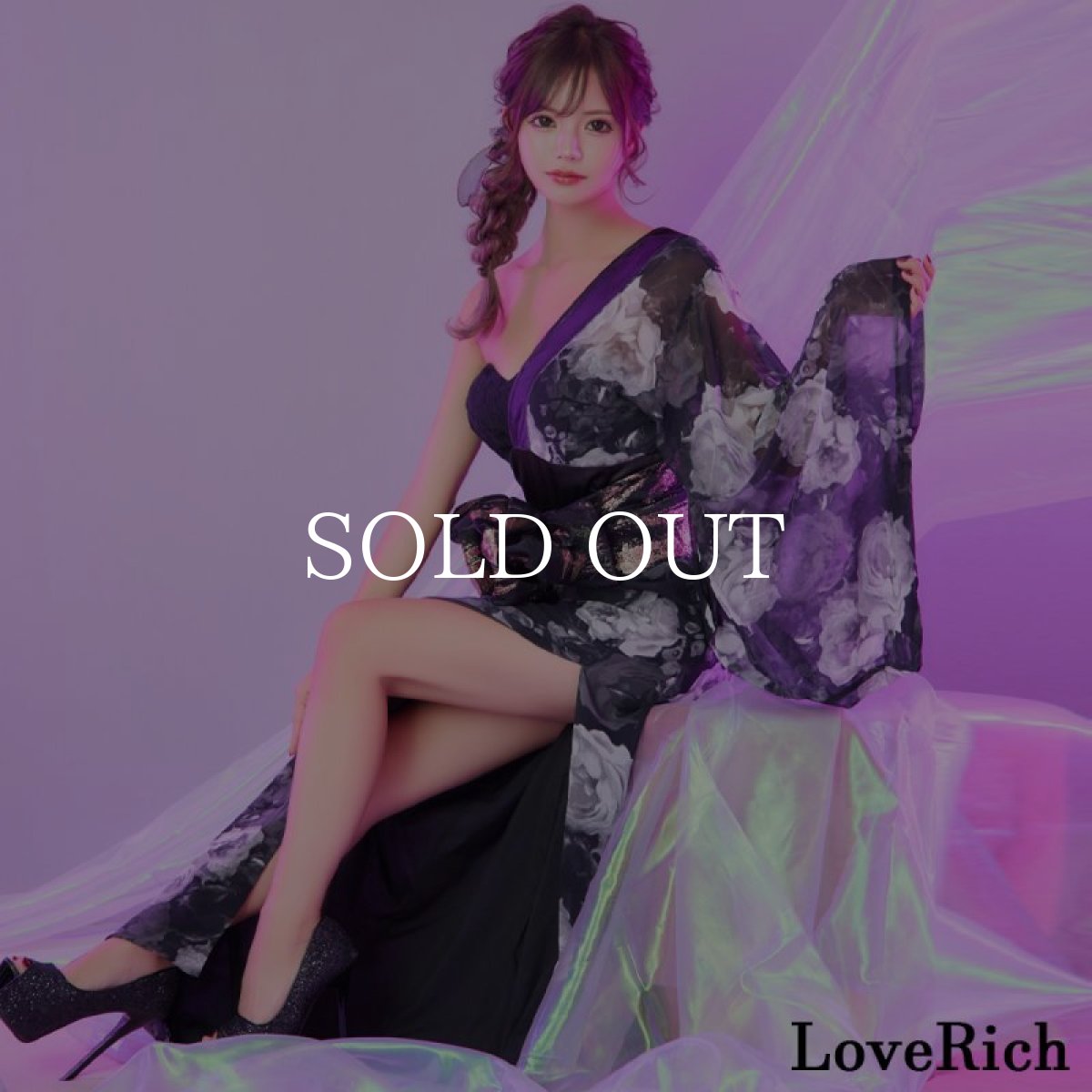 画像1: 【高級ライン】【2点セット】ワンショル アシンメトリー スリット 花柄 シフォン レース ロング 豪華 帯 花魁 着物 ドレス コスプレ ハロウィン キャバドレス (1)