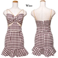 画像14: 【SALE20％OFF】【SMLサイズ/2カラー】千鳥柄ツイード セットアップ リボン キャミソール パール＆ビジュー マーメイド ミニドレス キャバドレス  (14)
