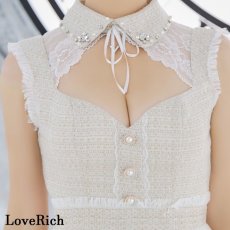 画像13: 【SALE30％OFF】【SMLサイズ/4カラー】  ツイード パール＆ビジュー 襟 レース スリット リボン タイト ミニドレス キャバドレス (13)