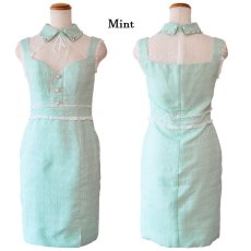 画像18: 【SALE30％OFF】【SMLサイズ/4カラー】  ツイード パール＆ビジュー 襟 レース スリット リボン タイト ミニドレス キャバドレス (18)