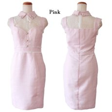 画像17: 【SALE30％OFF】【SMLサイズ/4カラー】  ツイード パール＆ビジュー 襟 レース スリット リボン タイト ミニドレス キャバドレス (17)