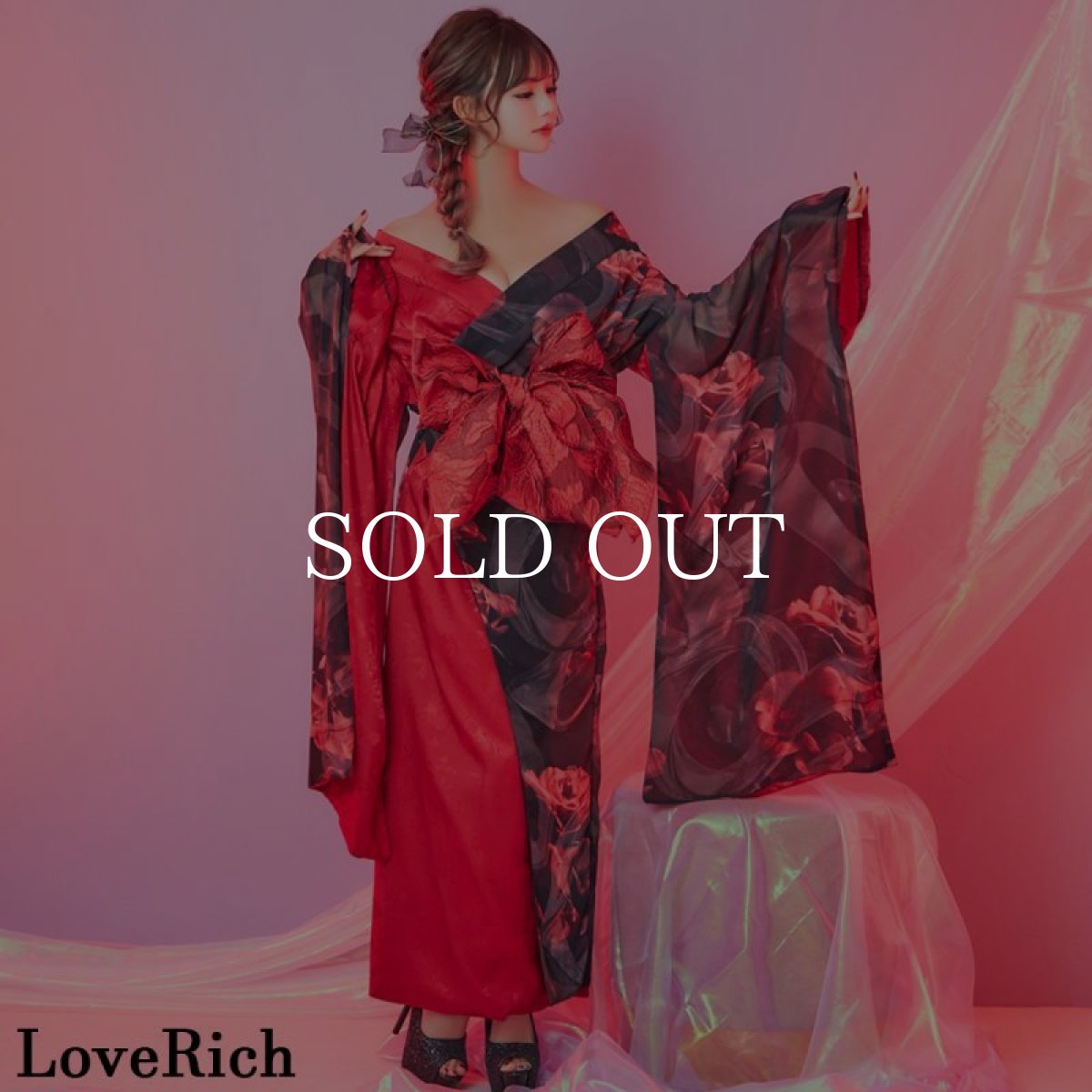 画像2: 【高級ライン】【2点セット】バイカラー 総花柄 サテン＆シフォン オフショル ツートン 豪華 帯 花魁 着物 ドレス コスプレ イベント ハロウィン キャバドレス (2)