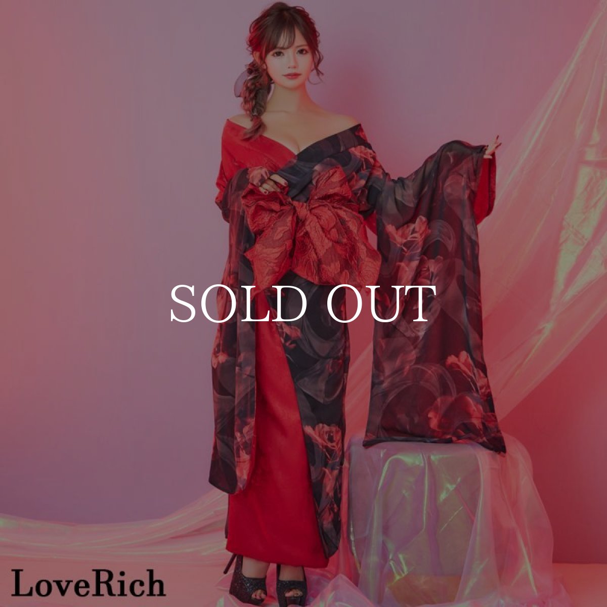 画像4: 【高級ライン】【2点セット】バイカラー 総花柄 サテン＆シフォン オフショル ツートン 豪華 帯 花魁 着物 ドレス コスプレ イベント ハロウィン キャバドレス (4)