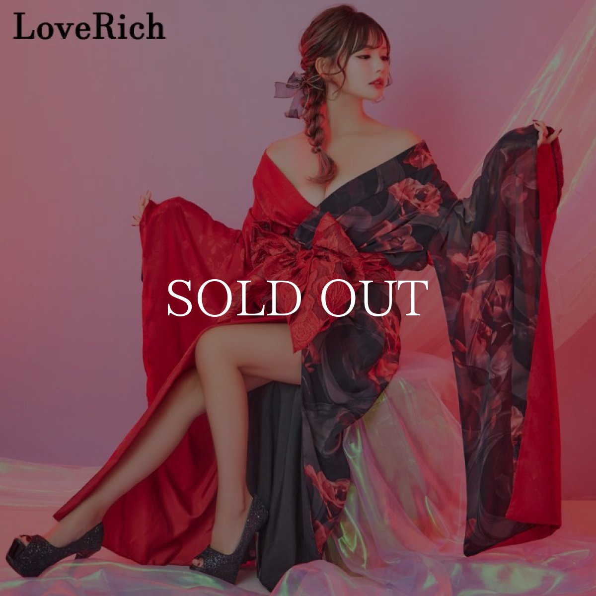 画像1: 【高級ライン】【2点セット】バイカラー 総花柄 サテン＆シフォン オフショル ツートン 豪華 帯 花魁 着物 ドレス コスプレ イベント ハロウィン キャバドレス (1)