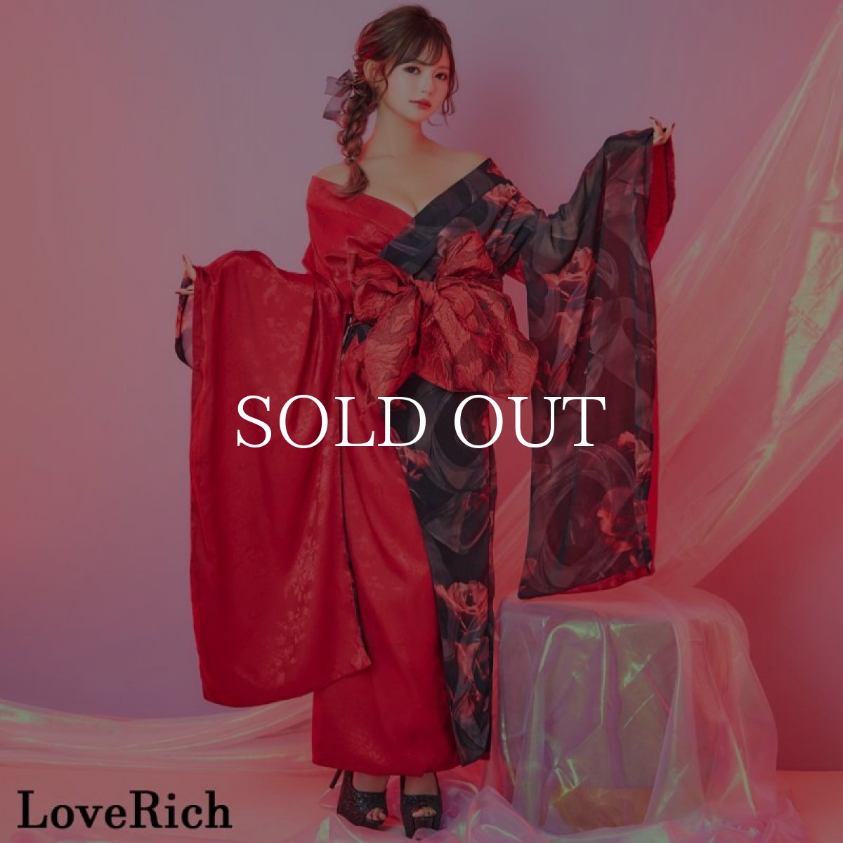 画像3: 【高級ライン】【2点セット】バイカラー 総花柄 サテン＆シフォン オフショル ツートン 豪華 帯 花魁 着物 ドレス コスプレ イベント ハロウィン キャバドレス (3)