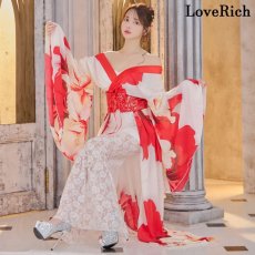 画像5: 【送料無料！】【高級ライン】【2点セット】シフォン 花柄 レース コルセット風 レースアップ 大きな帯リボン ロング 豪華 花魁 着物 ドレス コスプレ イベント ハロウィン (5)