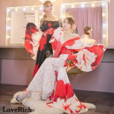 画像1: 【送料無料！】【高級ライン】【2点セット】シフォン 花柄 レース コルセット風 レースアップ 大きな帯リボン ロング 豪華 花魁 着物 ドレス コスプレ イベント ハロウィン (1)
