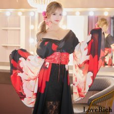 画像10: 【送料無料！】【高級ライン】【2点セット】シフォン 花柄 レース コルセット風 レースアップ 大きな帯リボン ロング 豪華 花魁 着物 ドレス コスプレ イベント ハロウィン (10)