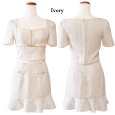 画像13: 【SALE20％OFF】【SMLサイズ/2カラー】ツイード セットアップ ジップ 袖あり 背中隠し マーメイド 谷間魅せ パールボタン タイト ミニドレス キャバドレス  (13)