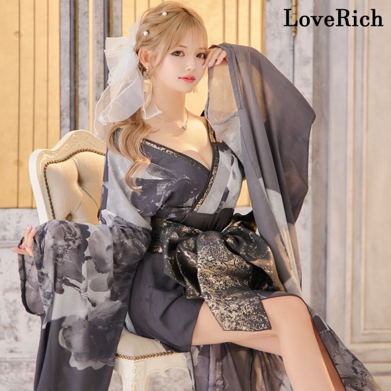 LoveRich ラブリッチ 【高級ライン】【2点セット】シフォン アシンメトリー オフショル 花柄 豪華 帯 花魁 着物 ドレス コスプレ イベント ハロウィン [1326] 高級ライン】【2点セット】シフォン アシンメトリー オフショル 花柄