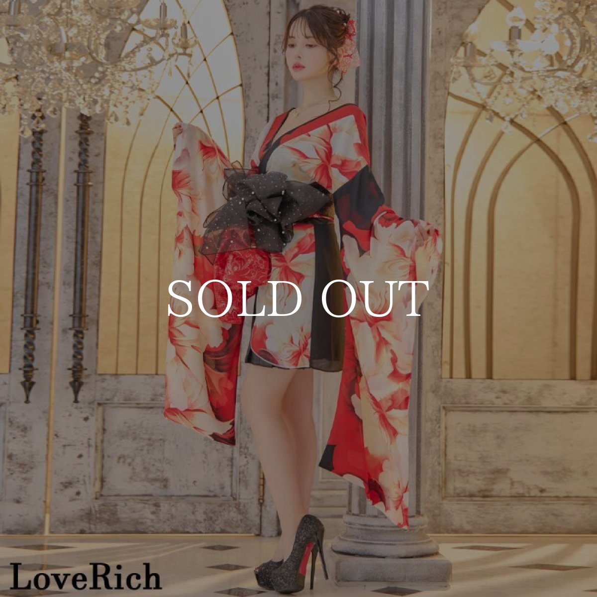 画像14: 【高級ライン】【2点セット】シフォン 花柄 アシンメトリー ミニスカート オフショル 豪華 帯 花魁 着物 ドレス コスプレ イベント ハロウィン (14)