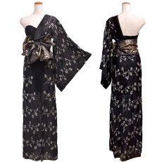 画像16: 【高級ライン】【2カラー/2点セット】ワンショル アシンメトリー 花柄 レース ロングinミニスカート 豪華 帯 花魁 着物 ドレス コスプレ ハロウィン キャバドレス (16)