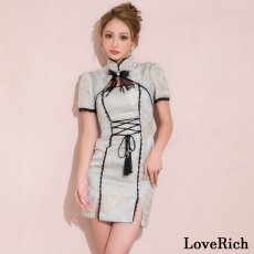 画像9: 【SMLサイズ/2カラー】蝶々柄 ウエスト編み上げ レースアップ デコルテカット リボン レース スリット パフスリーブ 美胸 谷間魅せ 美脚 チャイナドレス チャイナ服 ミニ コスプレ イベント ハロウィン キャバドレス (9)