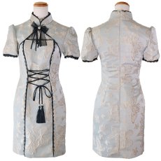 画像20: 【SMLサイズ/2カラー】蝶々柄 ウエスト編み上げ レースアップ デコルテカット リボン レース スリット パフスリーブ 美胸 谷間魅せ 美脚 チャイナドレス チャイナ服 ミニ コスプレ イベント ハロウィン キャバドレス (20)