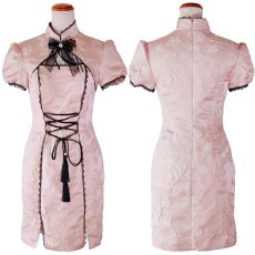 画像19: 【SMLサイズ/2カラー】蝶々柄 ウエスト編み上げ レースアップ デコルテカット リボン レース スリット パフスリーブ 美胸 谷間魅せ 美脚 チャイナドレス チャイナ服 ミニ コスプレ イベント ハロウィン キャバドレス (19)