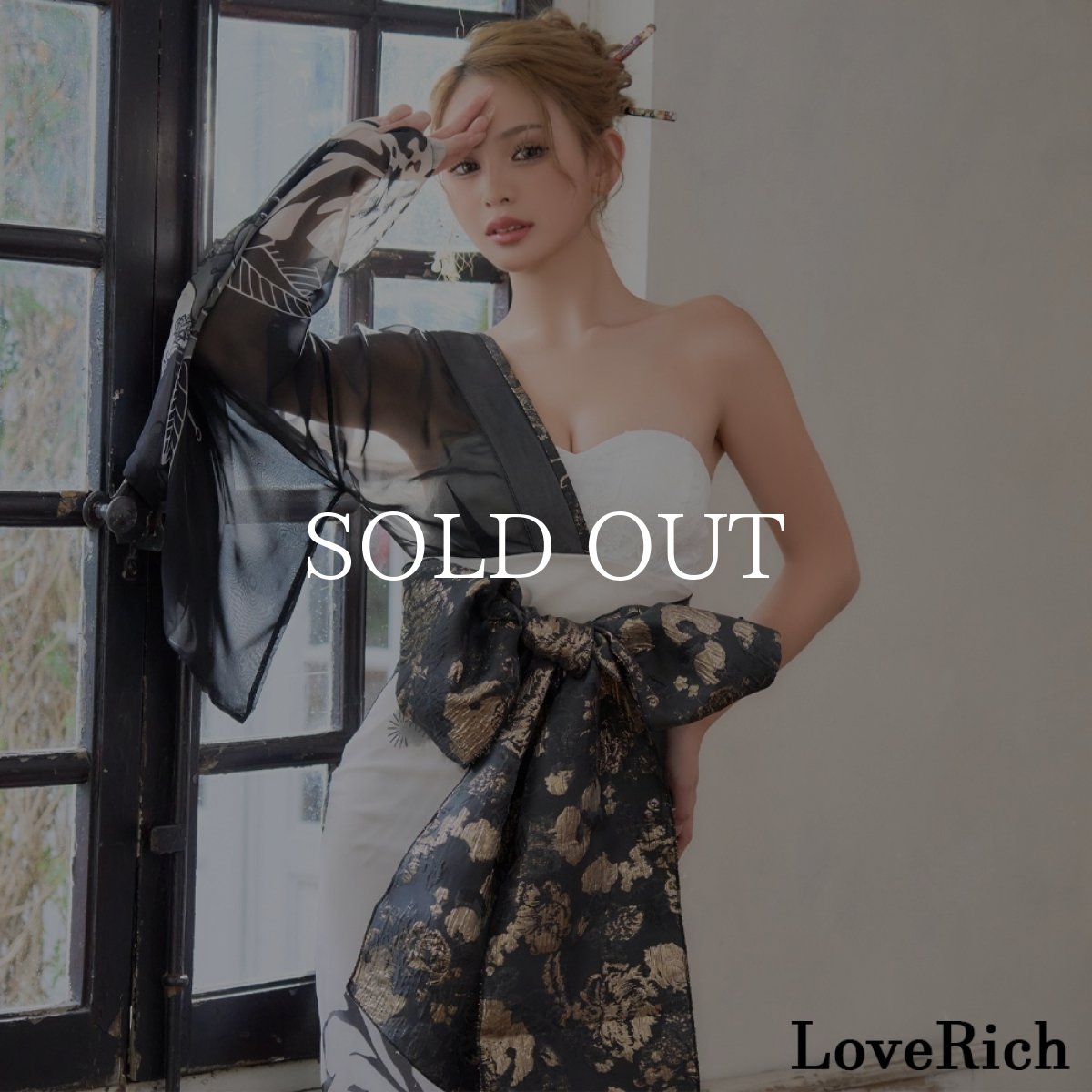 画像3: 送料無料！【高級ライン】【2点セット】ワンショル モノトーン シフォン レース アシンメトリー 花柄 スリット 豪華 帯 花魁 着物 ドレス コスプレ ハロウィン キャバドレス (3)