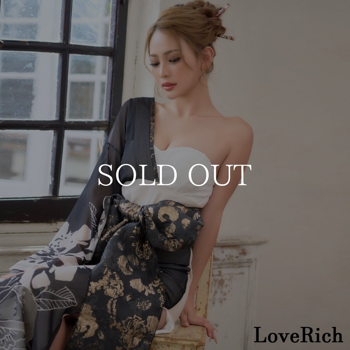 画像1: 送料無料！【高級ライン】【2点セット】ワンショル モノトーン シフォン レース アシンメトリー 花柄 スリット 豪華 帯 花魁 着物 ドレス コスプレ ハロウィン キャバドレス (1)