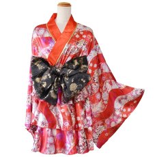 画像18: 【3点セット】花柄 セットアップ サテン生地 フリル ミニ 豪華 帯 花魁 着物 ドレス コスプレ ハロウィン キャバドレス (18)