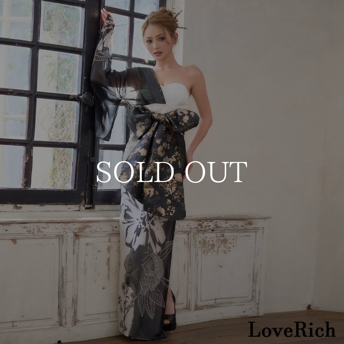 画像2: 送料無料！【高級ライン】【2点セット】ワンショル モノトーン シフォン レース アシンメトリー 花柄 スリット 豪華 帯 花魁 着物 ドレス コスプレ ハロウィン キャバドレス (2)