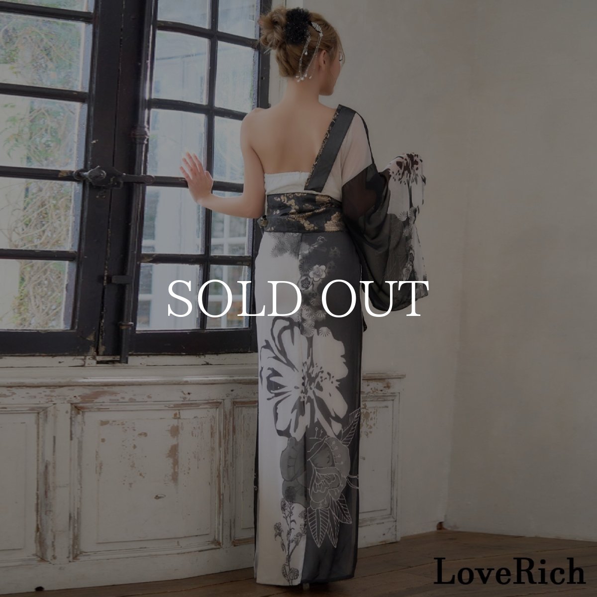 画像12: 送料無料！【高級ライン】【2点セット】ワンショル モノトーン シフォン レース アシンメトリー 花柄 スリット 豪華 帯 花魁 着物 ドレス コスプレ ハロウィン キャバドレス (12)