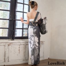 画像12: 送料無料!【高級ライン】【2点セット】ワンショル モノトーン シフォン レース アシンメトリー 花柄 スリット 豪華 帯 花魁 着物 ドレス コスプレ ハロウィン キャバドレス (12)