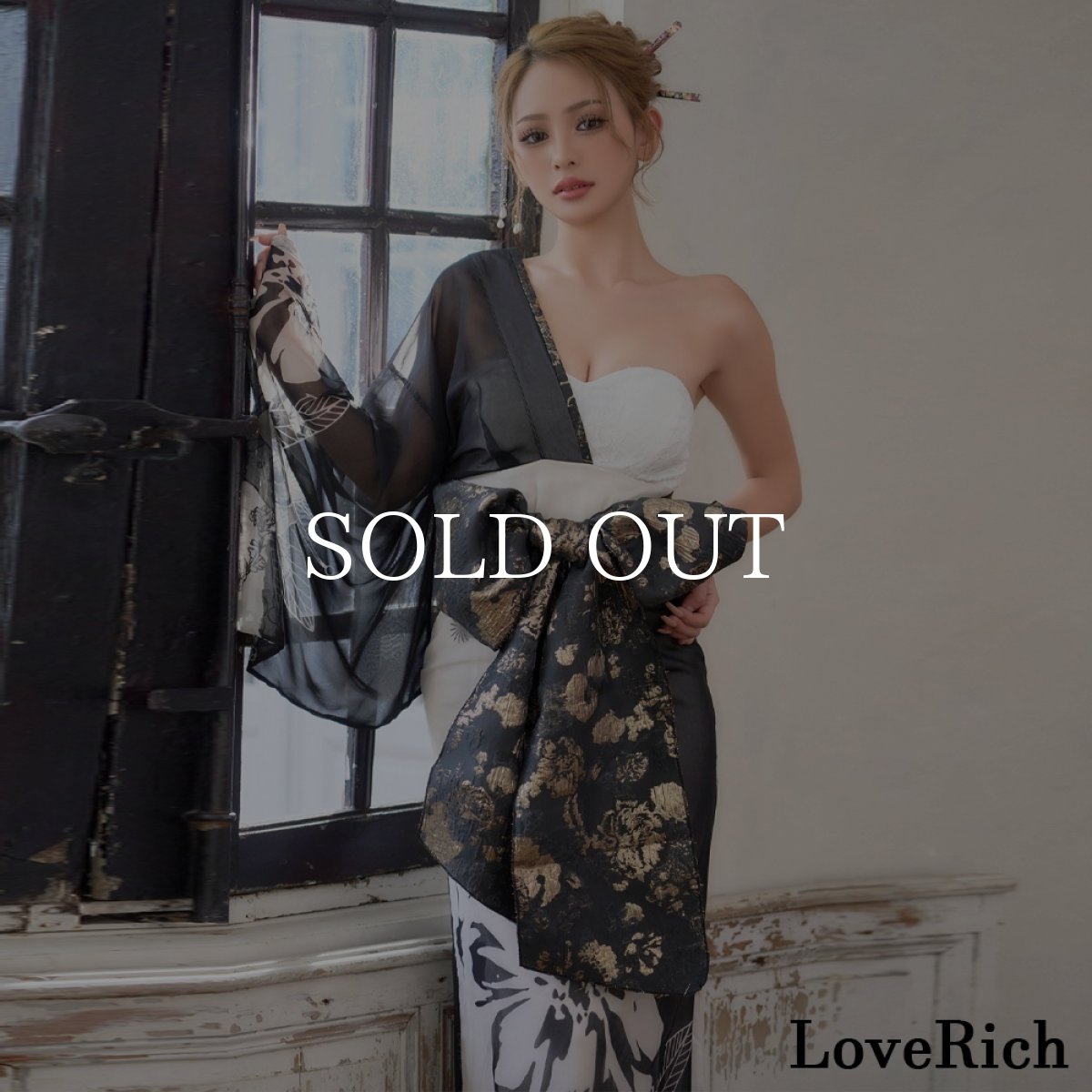 画像5: 送料無料！【高級ライン】【2点セット】ワンショル モノトーン シフォン レース アシンメトリー 花柄 スリット 豪華 帯 花魁 着物 ドレス コスプレ ハロウィン キャバドレス (5)