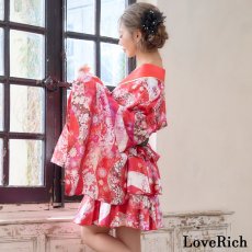 画像14: 【3点セット】花柄 セットアップ サテン生地 フリル ミニ 豪華 帯 花魁 着物 ドレス コスプレ ハロウィン キャバドレス (14)