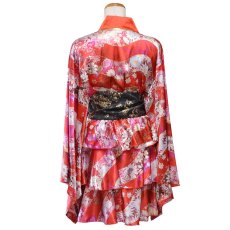 画像19: 【3点セット】花柄 セットアップ サテン生地 フリル ミニ 豪華 帯 花魁 着物 ドレス コスプレ ハロウィン キャバドレス (19)