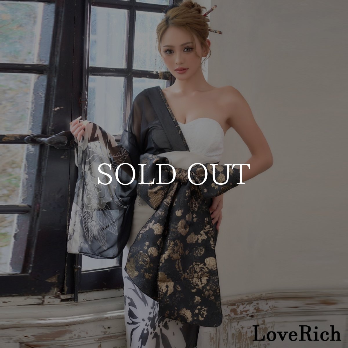 画像7: 送料無料！【高級ライン】【2点セット】ワンショル モノトーン シフォン レース アシンメトリー 花柄 スリット 豪華 帯 花魁 着物 ドレス コスプレ ハロウィン キャバドレス (7)