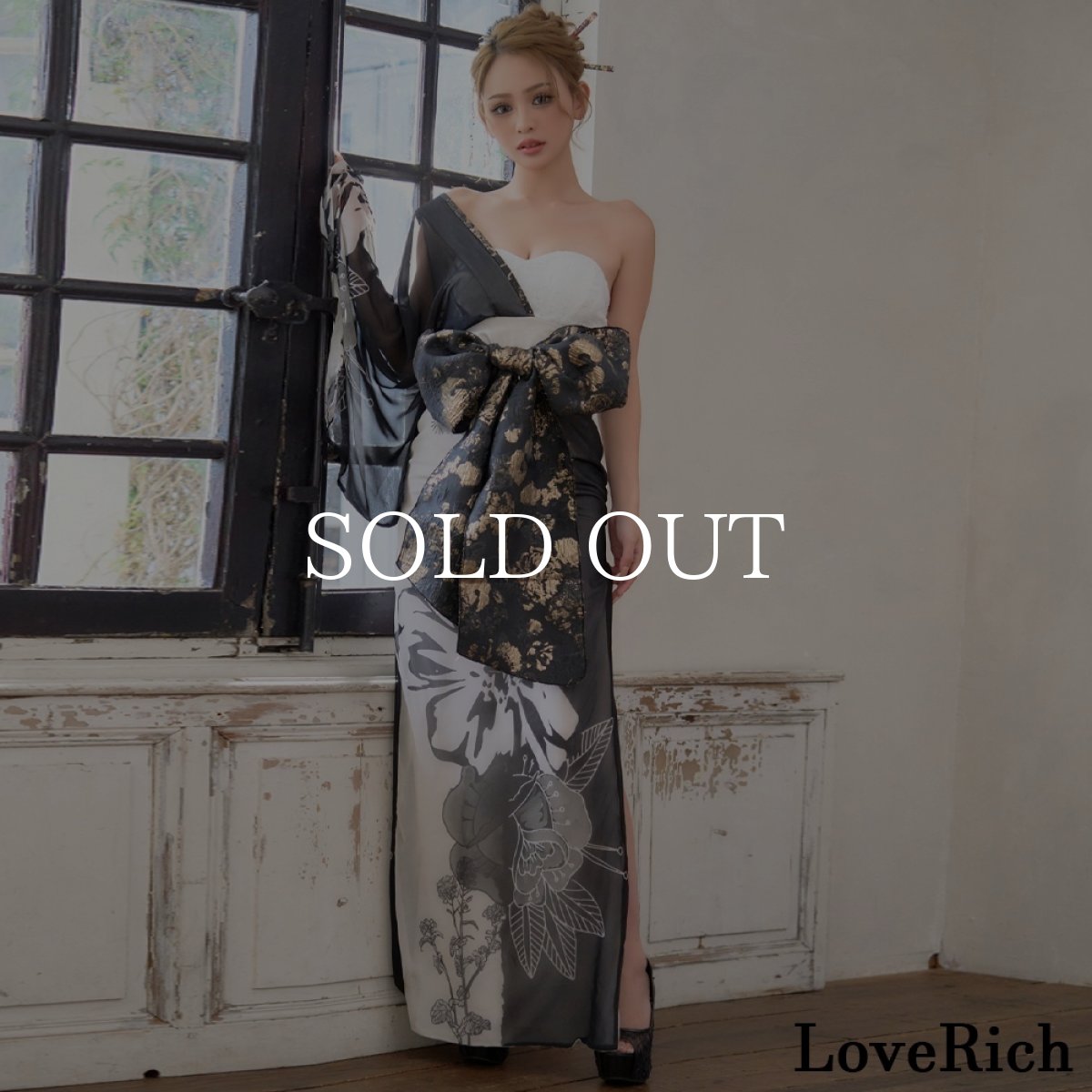 画像6: 送料無料！【高級ライン】【2点セット】ワンショル モノトーン シフォン レース アシンメトリー 花柄 スリット 豪華 帯 花魁 着物 ドレス コスプレ ハロウィン キャバドレス (6)