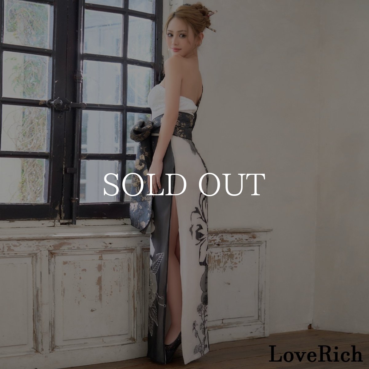 画像11: 送料無料！【高級ライン】【2点セット】ワンショル モノトーン シフォン レース アシンメトリー 花柄 スリット 豪華 帯 花魁 着物 ドレス コスプレ ハロウィン キャバドレス (11)