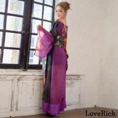 画像14: 送料無料！【高級ライン】【2点セット】オリエンタルフラワー シフォン 花柄 スリット 豪華 帯 花魁 着物 ドレス コスプレ ハロウィン キャバドレス (14)