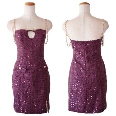 画像26: 【SMLサイズ/4カラー】パール チェーン スパンコール タイト スリット 美胸 美脚 タイト ミニドレス キャバドレス  (26)