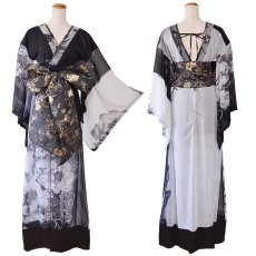 画像18: 送料無料！【高級ライン】【2点セット】オリエンタルフラワー シフォン 花柄 スリット 豪華 帯 花魁 着物 ドレス コスプレ ハロウィン キャバドレス (18)