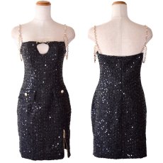 画像24: 【SMLサイズ/4カラー】パール チェーン スパンコール タイト スリット 美胸 美脚 タイト ミニドレス キャバドレス  (24)