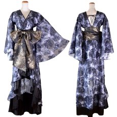 画像17: 【高級ライン】【2カラー/2点セット】艶薔薇 フリル 花柄 ロング 豪華 帯 花魁 着物 ドレス コスプレ ハロウィン キャバドレス (17)