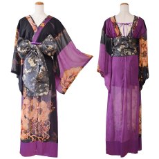 画像17: 送料無料！【高級ライン】【2点セット】オリエンタルフラワー シフォン 花柄 スリット 豪華 帯 花魁 着物 ドレス コスプレ ハロウィン キャバドレス (17)