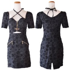 画像15: 【SMLサイズ/3カラー】クロスネック ジップ ウエストカット タイト ミニドレス キャバドレス  (15)