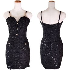 画像17: 【SMサイズ/3カラー】スパンコール ツイード パールボタン タイト 美胸 美脚 ミニドレス キャバドレス  (17)