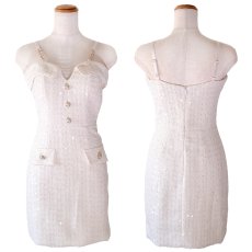 画像18: 【SMサイズ/3カラー】スパンコール ツイード パールボタン タイト 美胸 美脚 ミニドレス キャバドレス  (18)