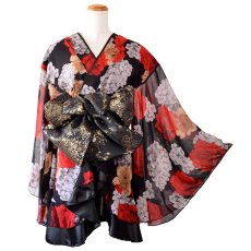 画像11: 送料無料！【高級ライン】【2点セット】艶黒 薔薇 和柄 花柄 豪華 帯 花魁 着物 ドレス コスプレ イベント ハロウィン (11)