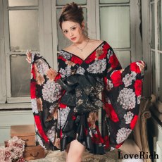 画像4: 送料無料！【高級ライン】【2点セット】艶黒 薔薇 和柄 花柄 豪華 帯 花魁 着物 ドレス コスプレ イベント ハロウィン (4)